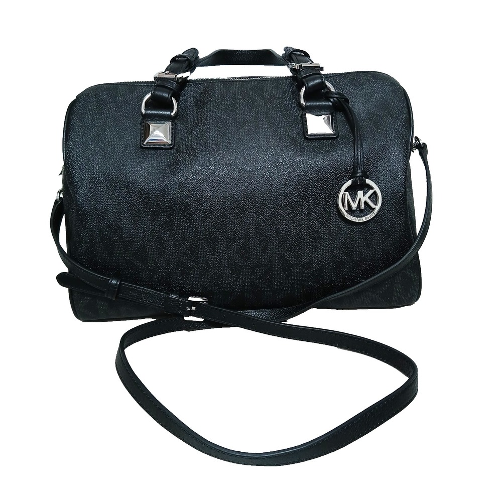 Michael Kors MK Grayson Bowler Logo Monogram Satchel Purse Bag Black Overnight - Picture 8 of 11